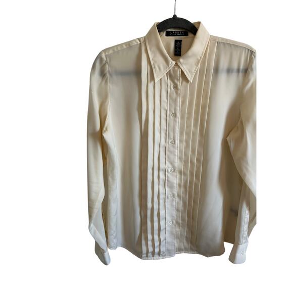 Lauren by Ralph Lauren Women's Medium Cream Pleated Front Collar Button Up Top - Picture 3 of 11